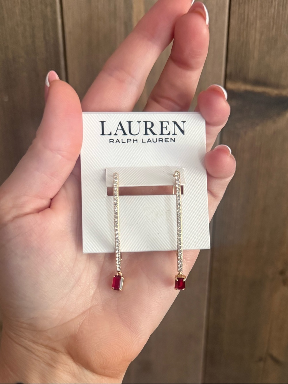 Lauren Ralph Lauren Red Crystal Linear Drop Earrings Gold Tone NWT